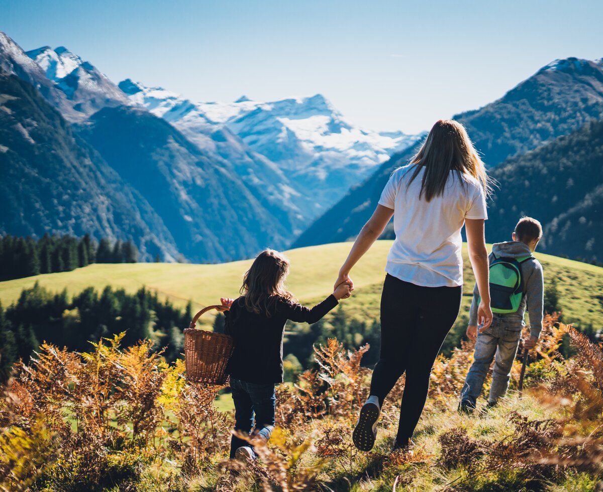 Mutter mit Kind an der Hand spaziert auf der Alm | © Urlaub am Bauernhof Salzburg / Daniel Gollner 