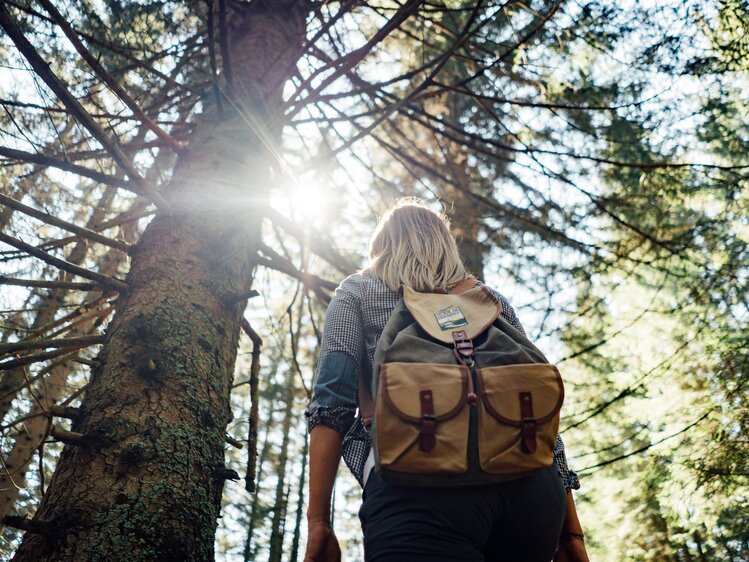 Frau mit Urlaub auf der Alm-Rucksack im Wald | © Urlaub am Bauernhof Steiermark / Daniel Gollner 