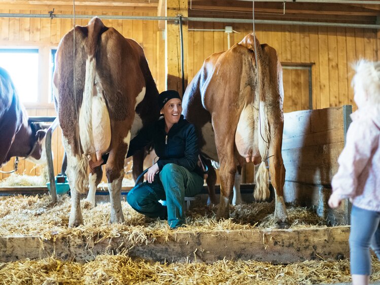 Frau im Kuhstall | © Urlaub am Bauernhof Tirol / Daniel Gollner 