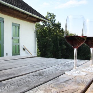 2 Gläser mit Rotwein auf Holztisch vor dem Weinkeller | © Urlaub am Bauernhof Burgenland / Wolfgang Pummer