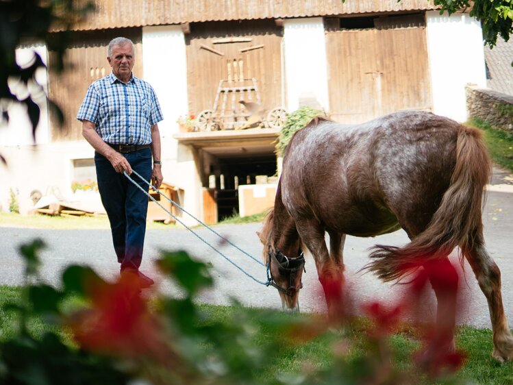 Bauer geht mit dem Pferd durch den Hof | © Urlaub am Bauernhof / Daniel Gollner