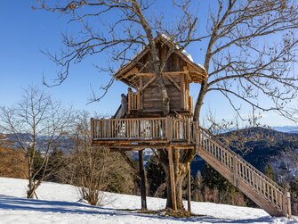 Lese-Baumhaus mit der schneebedeckten Landschaft | © Urlaub am Bauernhof Kärnten / Achim Mandler