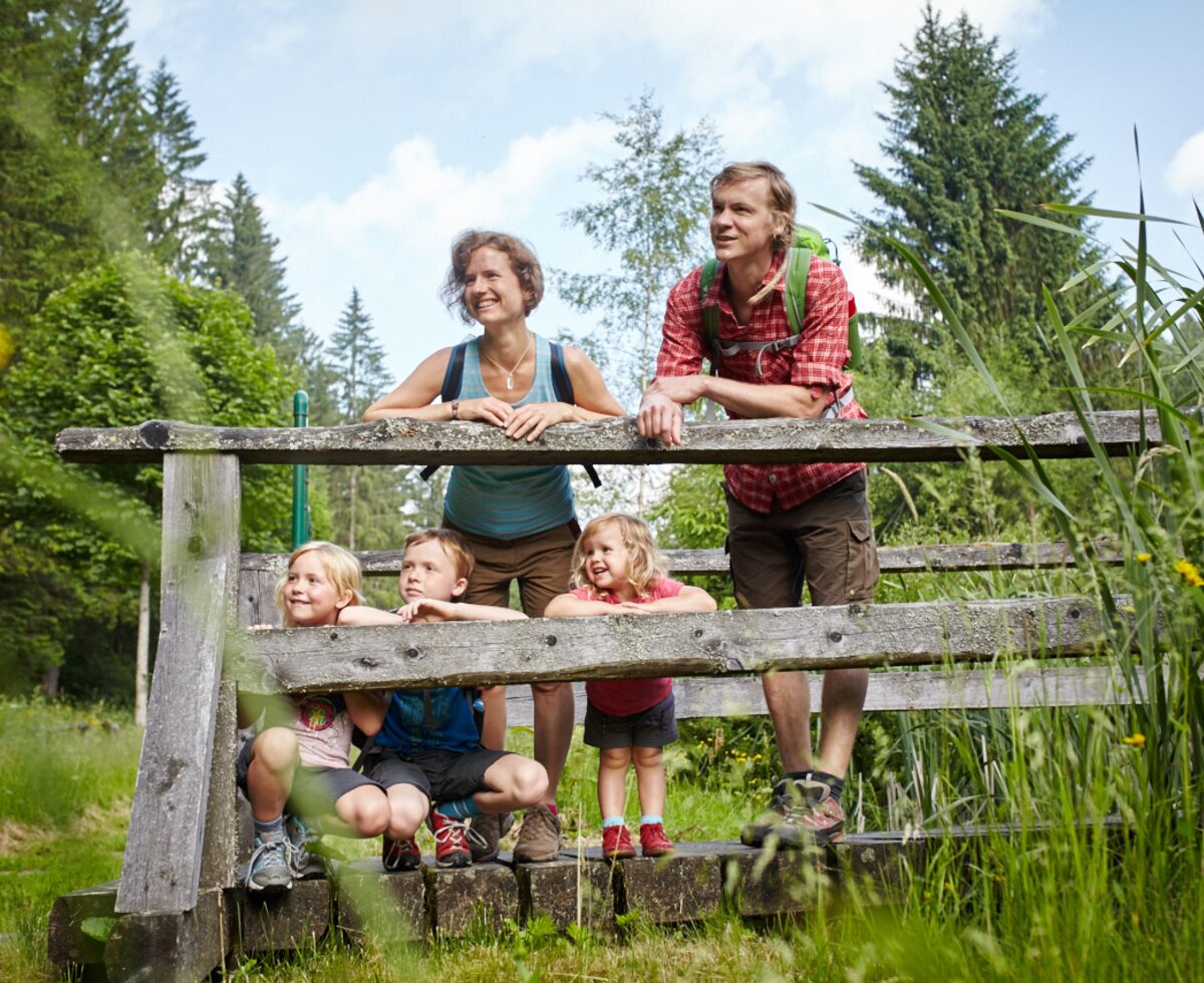 Familie steht auf einer Brücke beim Wandern | © Wiener Alpen / Florian Lierzer