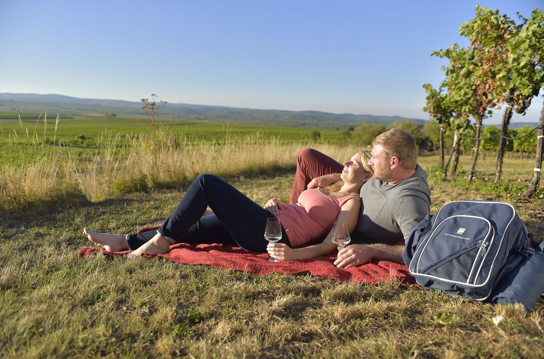 Frau lehnt sich bei Mann an beim Picknick im Weingarten | © Urlaub am Winzerhof / Ralph Fischbacher