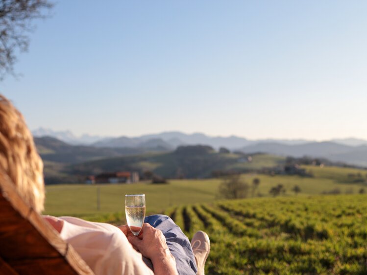 Frau auf Liege genießt den Ausblick vom Hochhubergut in Aschach/Steyr mit einem Glas Cider | © Urlaub am Bauernhof Oberösterreich / Michael Leitner