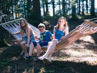 Kinder liegen in der Hängematte im Wald | © Urlaub am Bauernhof Oberösterreich / Daniel Gollner