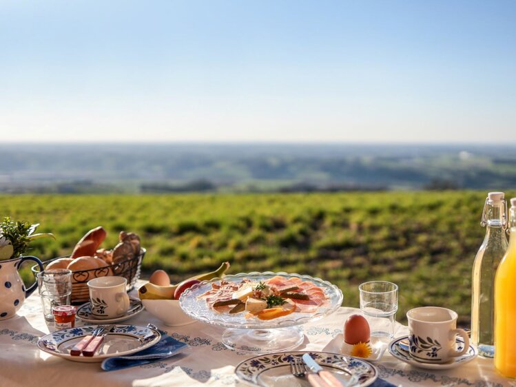 Reich gedeckter Frühstückstisch im Freien mit traumhaftem Panorama | © Urlaub am Bauernhof Oberösterreich / Hochhubergut