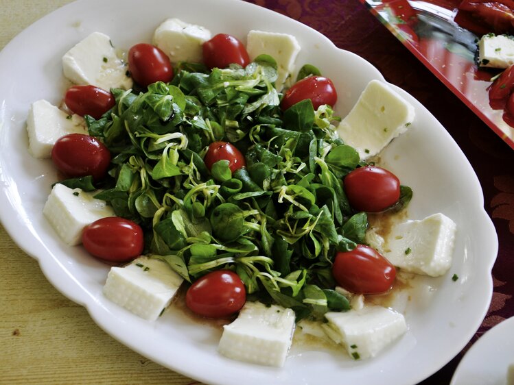 Schafkäse mit Salatgarnitur und Tomaten angerichtet | © Urlaub am Bauernhof Oberösterreich / Harald Puchegger