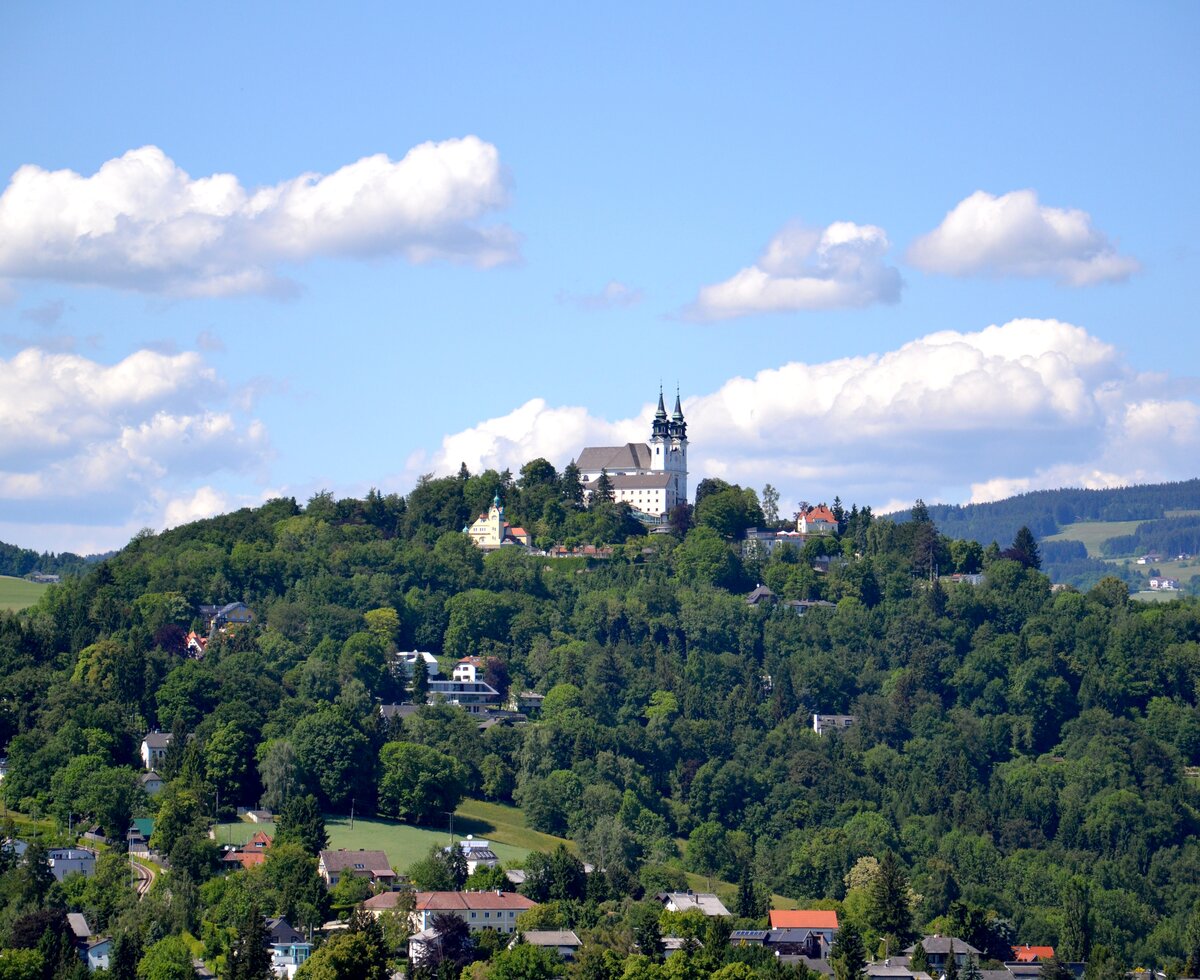 Blick auf den grünen Pöstlingberg bei Linz mit der Wallfahrtskirche, Zentralraum | © Oberösterreich Tourismus GmbH / Eckerstorfer