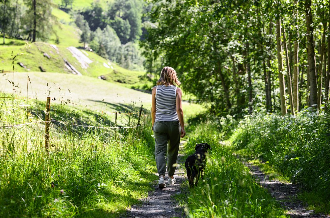 Frau geht mit Hund spazieren | © Urlaub am Bauernhof / Punkt und Komma