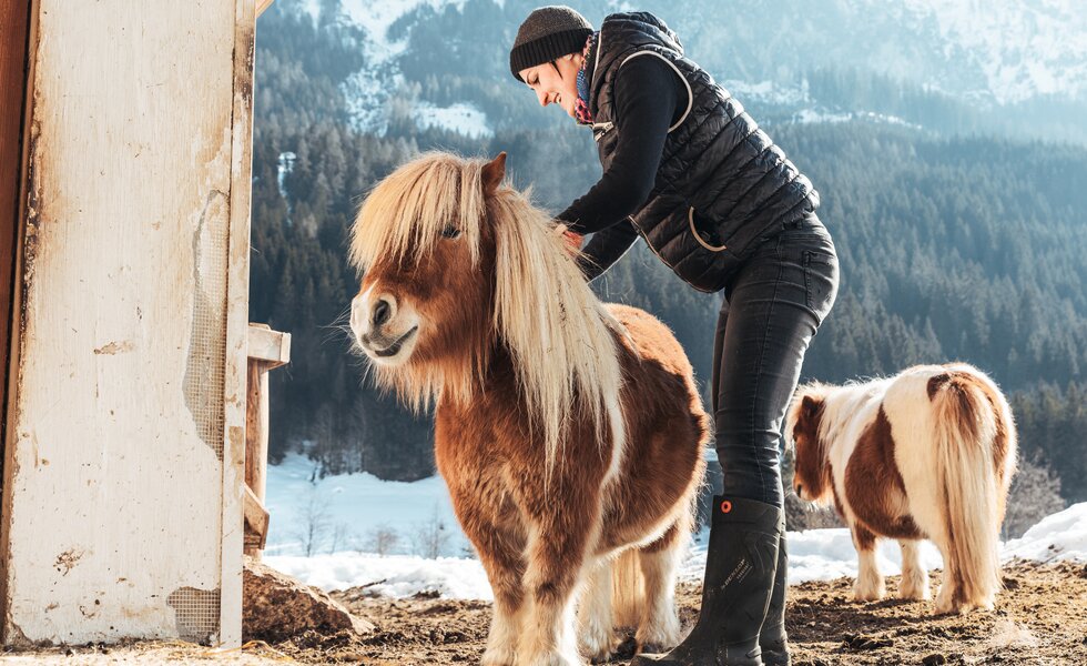 Frau mit Pony | © Urlaub am Bauernhof / Punkt und Komma Ein Mensch in dunkler Winterbekleidung streichelt einen rötlichen, struppigen Pony auf verschneiter Umgebung. Neben dem Pony steht ein weiteres Pferd. | © Urlaub am Bauernhof / Punkt und Komma