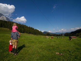 Bauer mit Kindern auf der Dientalm blick in die Ferne, Mühlbach am Hochkönig, Salzburger Land | © Dientalm / Matthias Gruber