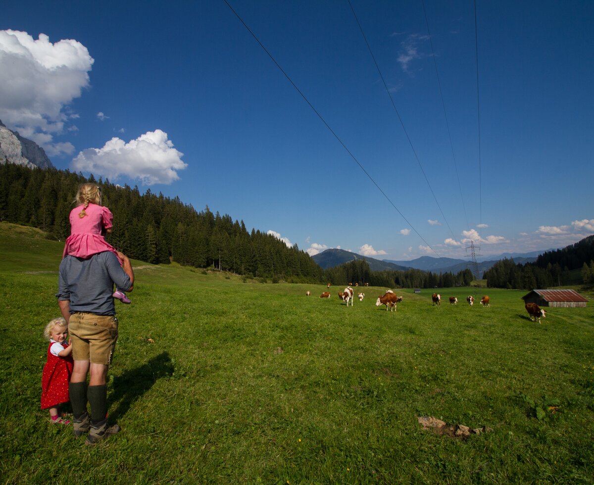 Bauer mit Kindern auf der Dientalm blick in die Ferne, Mühlbach am Hochkönig, Salzburger Land | © Dientalm / Matthias Gruber