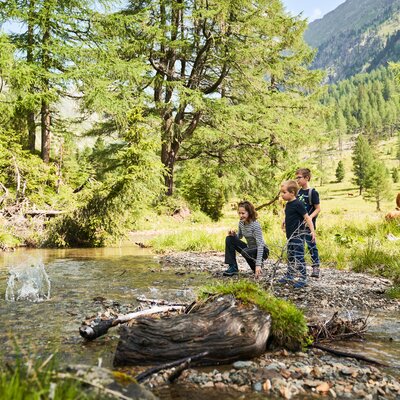 Kinder lassen Steine in den Bach springen am Praschhof in Mariapfarr. | © Urlaub am Bauernhof/ Punkt und Komma GmbH