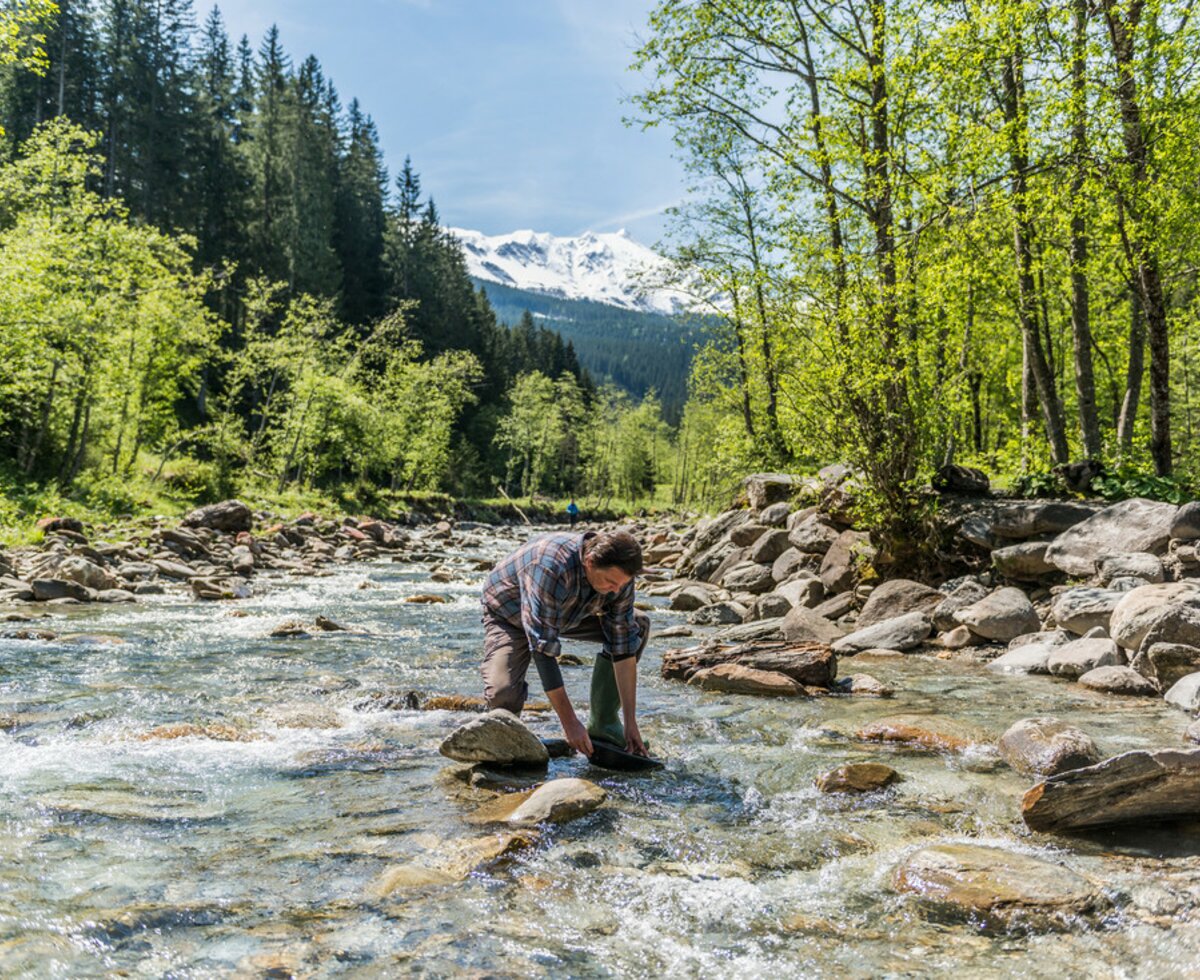 Goldwaschen in Rauris, Mann im Bach, Nationalpark Hohe Tauern, Salzburger Land | © Salzburger Land Tourismus / Achim Meurer