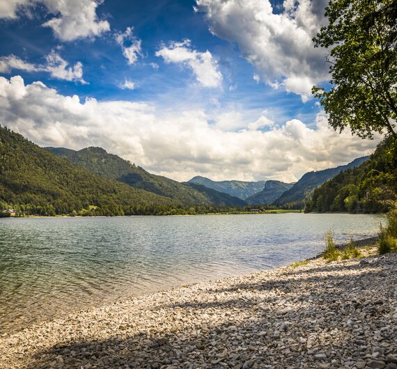 Blick vom Ufer aus über den Hintersee und die umliegende Bergwelt. | © Urlaub am Bauernhof im SalzburgerLand / Bernd Suppan