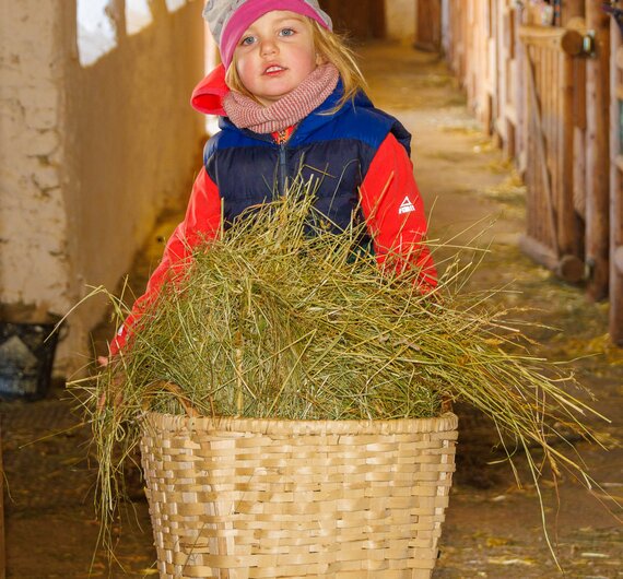 Ein Kind hilft im Stall mit und trägt einen geflochtenen Korb mit Heu | © Urlaub am Bauernhof Steiermark / Wolfgang Spekner