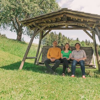 Familie sitzt mitten auf der Wiese auf einer Schaukel | © Urlaub am Bauernhof Steiermark / Sabine Ertl