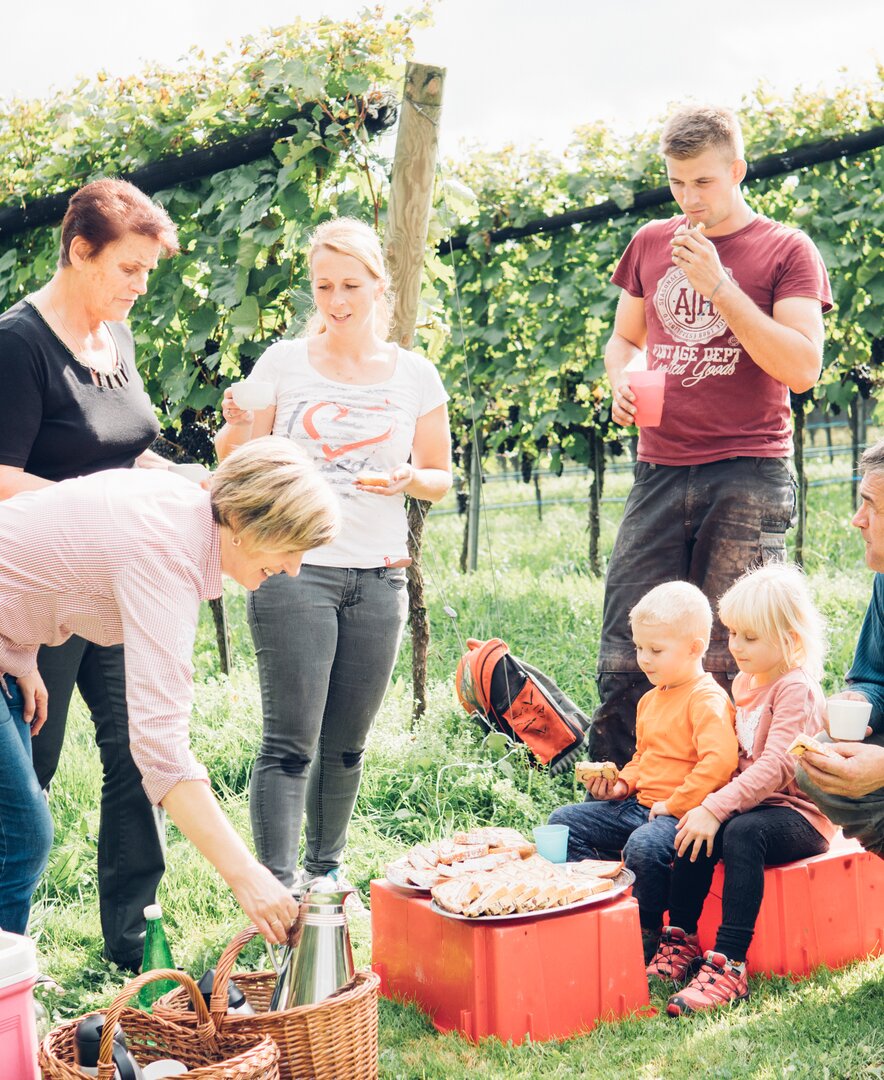 Menschen bei der Lesepause im Weingarten, Peiserhof, Steiermark | © Urlaub am Bauernhof Steiermark / Daniel Gollner