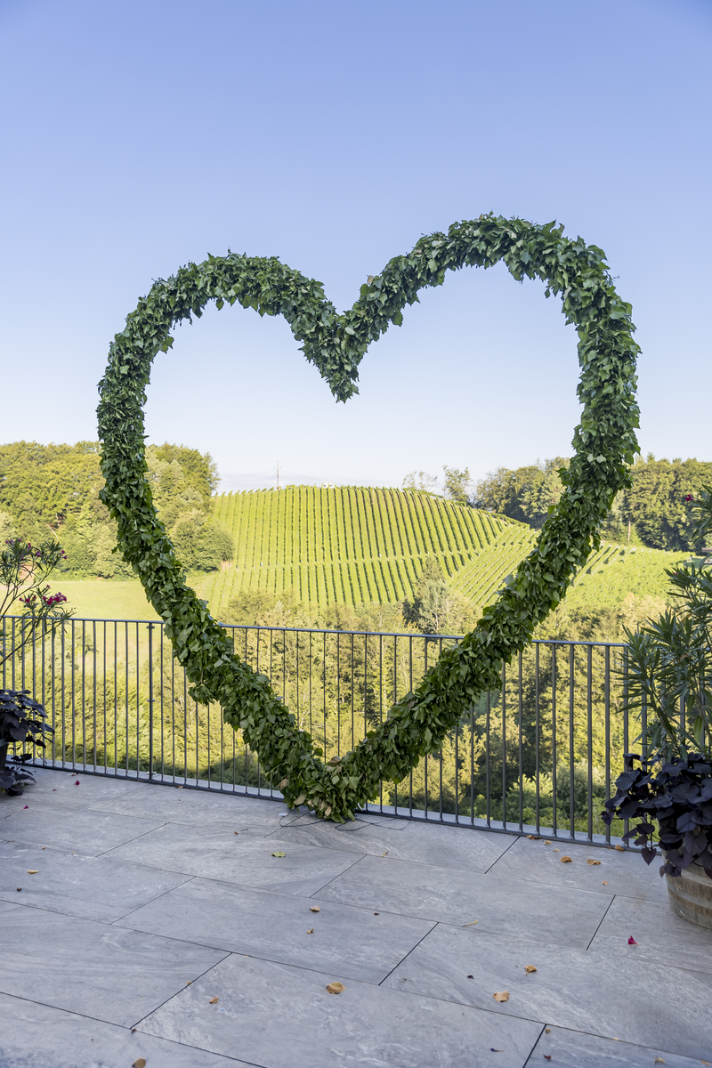 Ein von Weinreben umranktes Herz mit Blick in die Weinberge  | © Urlaub am Bauernhof / Elisabeth Fröhlich