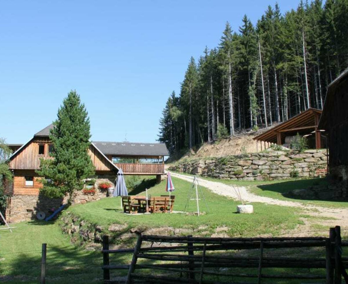 Hof vom Almhaus mit Sitzgelegenheiten und Griller