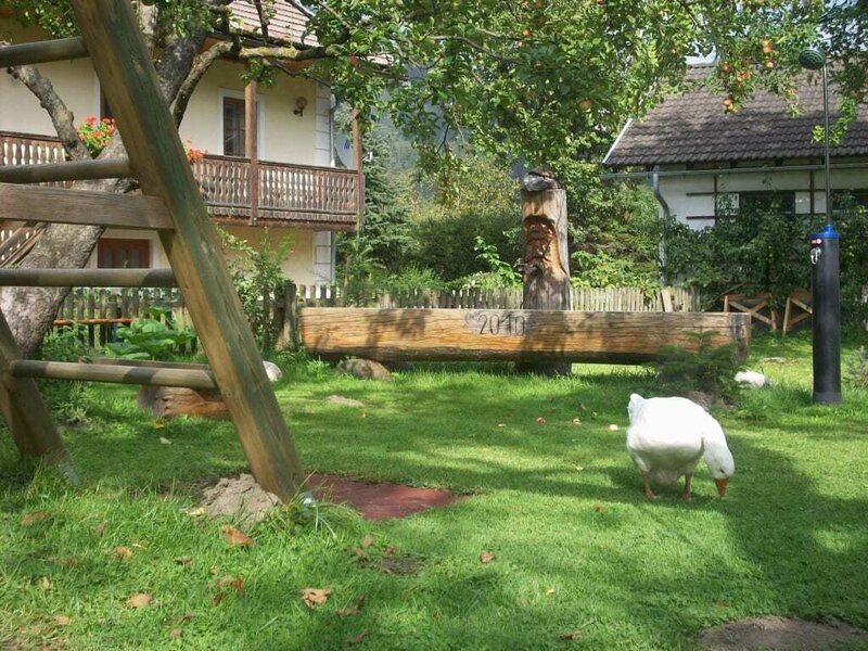 Haus im Garten, mit Brunnen und der Solardusche...und die Gans