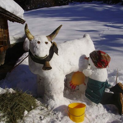 Schneekuh mit Bäurin