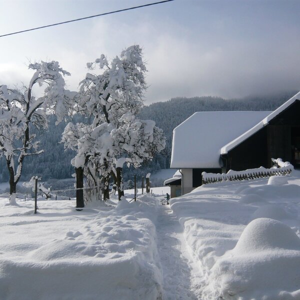 Der Bauernhof im Winter, mit tiefem Schnee bedeckt und einem geräumten Zugangsweg. Der Bauernhof im Winter, mit tiefem Schnee bedeckt und einem geräumten Zugangsweg.