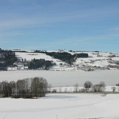 Blick auf den zugeschneiten Irrsee