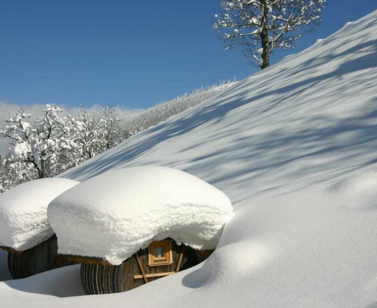 Holzfässer im Winter