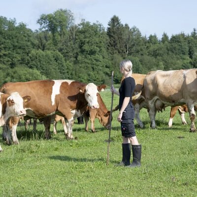 Bäuerin Patrizia bei den Kühen auf der Weide 