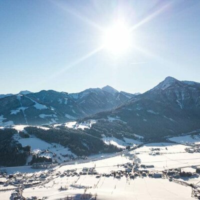 Aussicht vom Ferienhaus Weitblick am Pürstinghof in Flachau im Winter