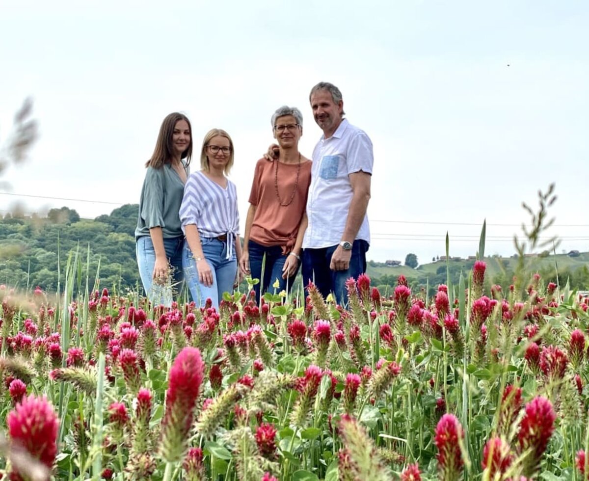 Familie im Rotkleefeld