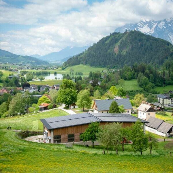 Blick auf Hof, Putterersee und Grimming