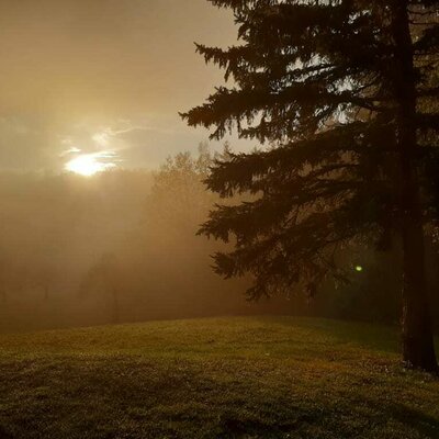 Sonnenuntergang bei Nebel im Herbst