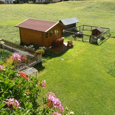 Blick vom Balkon auf Garten und Gartenhütte