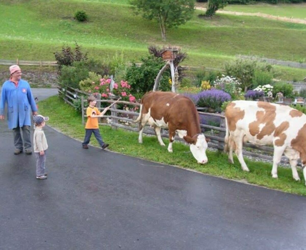 Altbauer Peter mit Gästekindern beim Kühetreiben