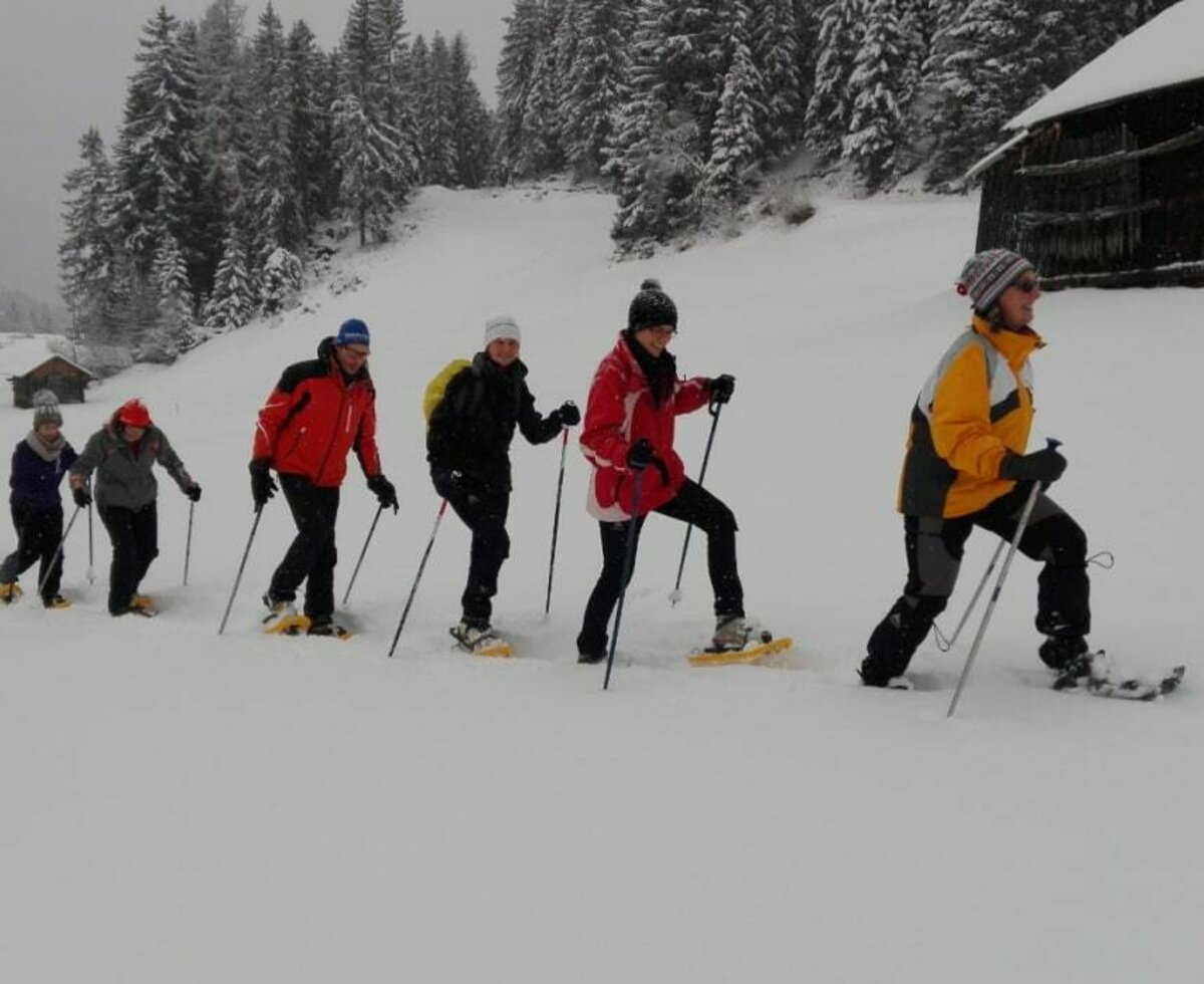 Schneeschuhwandern macht auch bei Schneefall Spaß