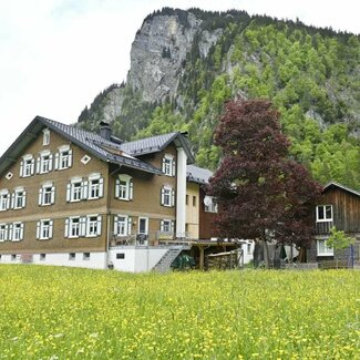 Wiese mit unserem Bauernhaus im Hintergrund